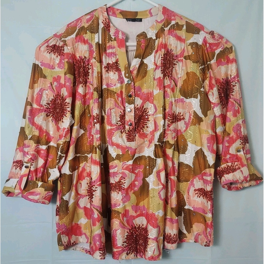 Ava And Grace Womens 1/2 Button Down Floral  Top 2x Sequins Boho Hippie Colorful